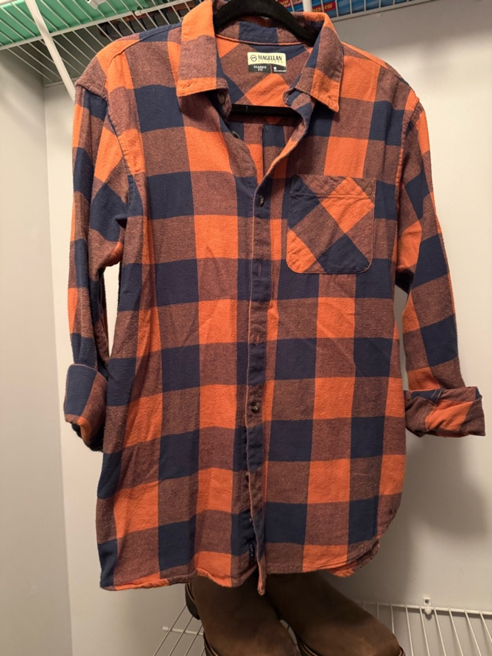Magellan Outdoors Orange & Navy Buffalo Plaid Button-Up Shirt